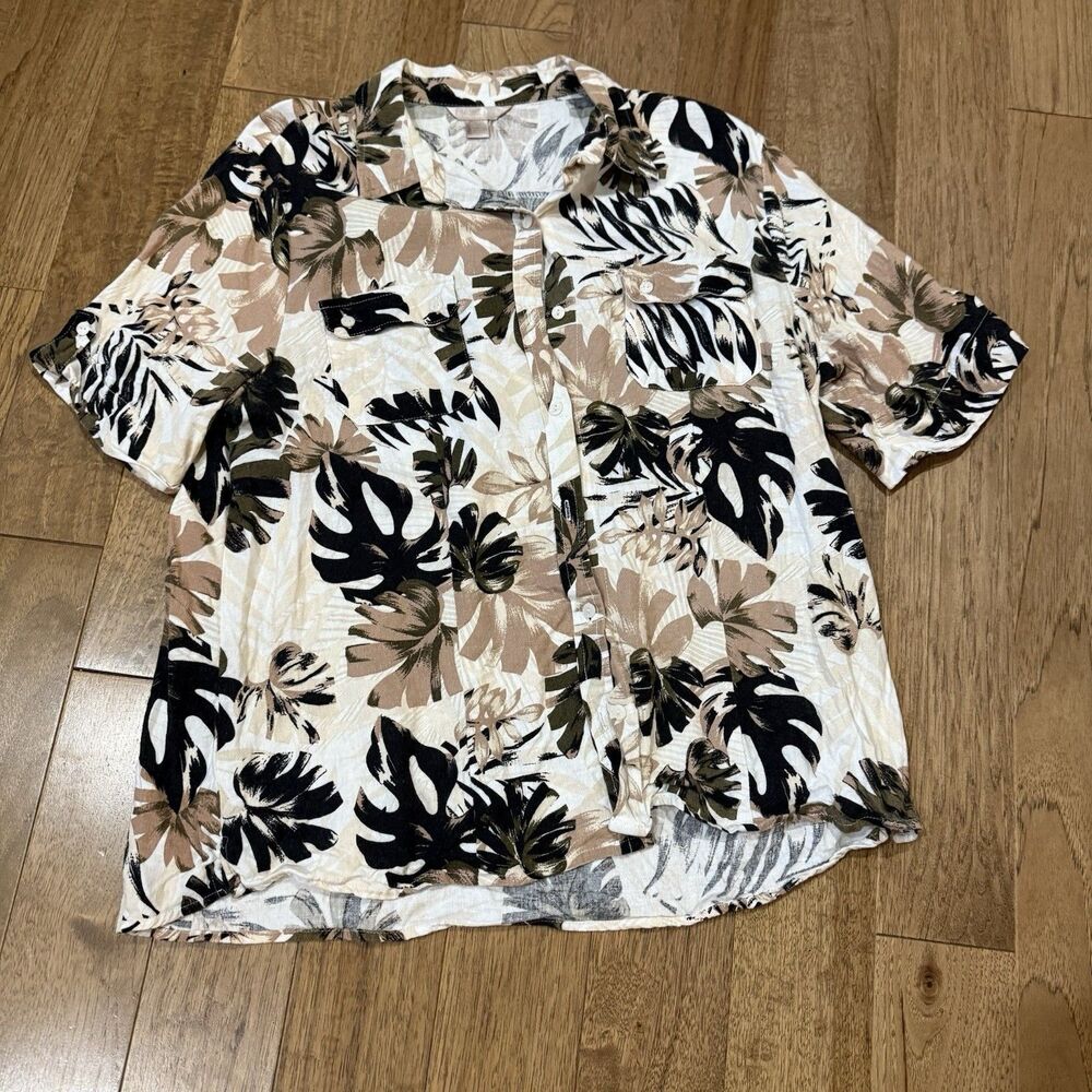 White Stag Linen Button Up Camp Shirt Floral Pattern White XL